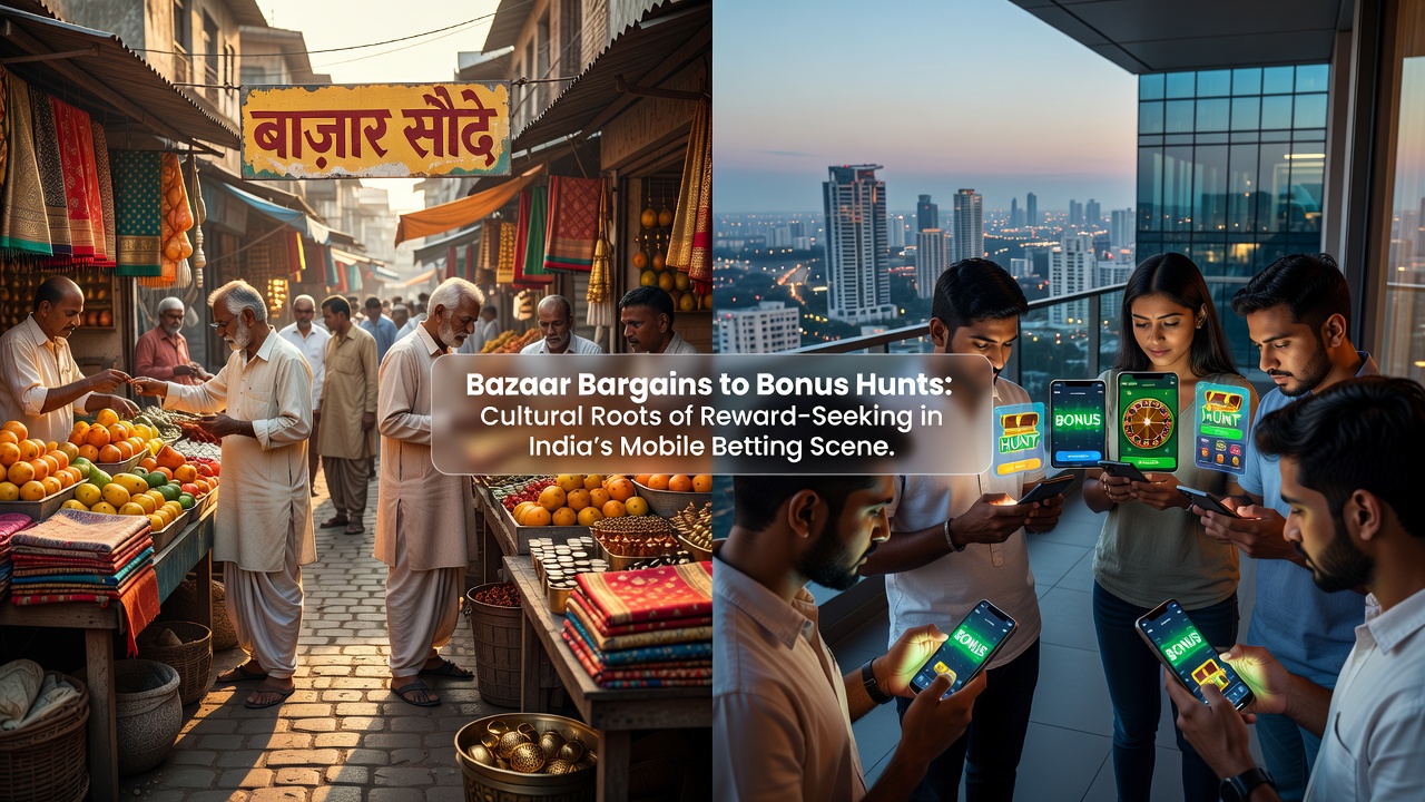 Traditional Indian bazaar scene with vendors and shoppers negotiating deals, symbolizing early reward-seeking behaviors that parallel modern mobile betting incentives