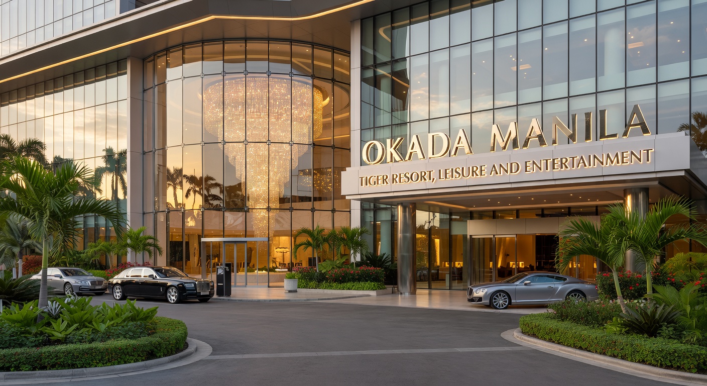 Vibrant interior of Okada Manila's gaming floor, showcasing rows of slot machines, bustling table games, and elegant VIP areas under shimmering chandeliers