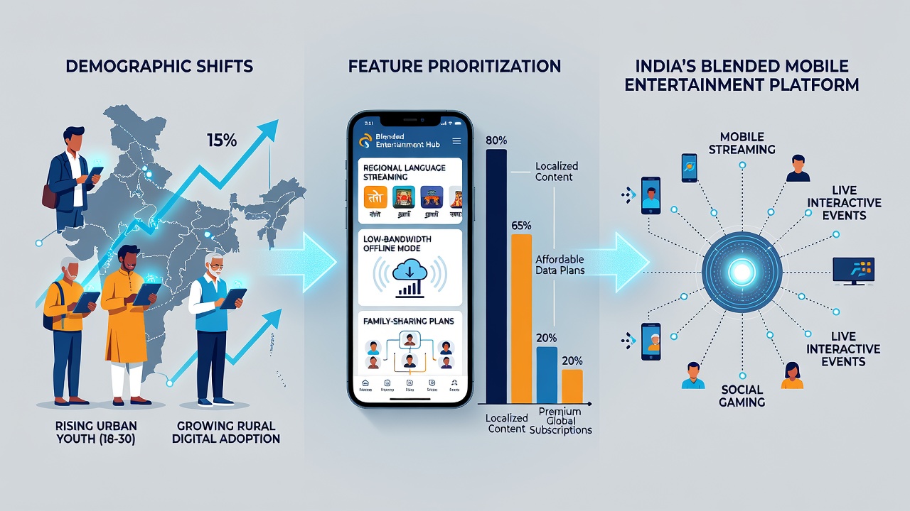 Mobile app interface showing regional language options and quick-access features tailored to diverse Indian demographics