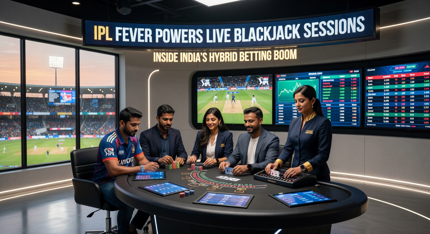 Vibrant IPL stadium crowd cheering during a high-stakes match, with overlaid digital graphics showing live blackjack tables and betting interfaces blending cricket action with casino play