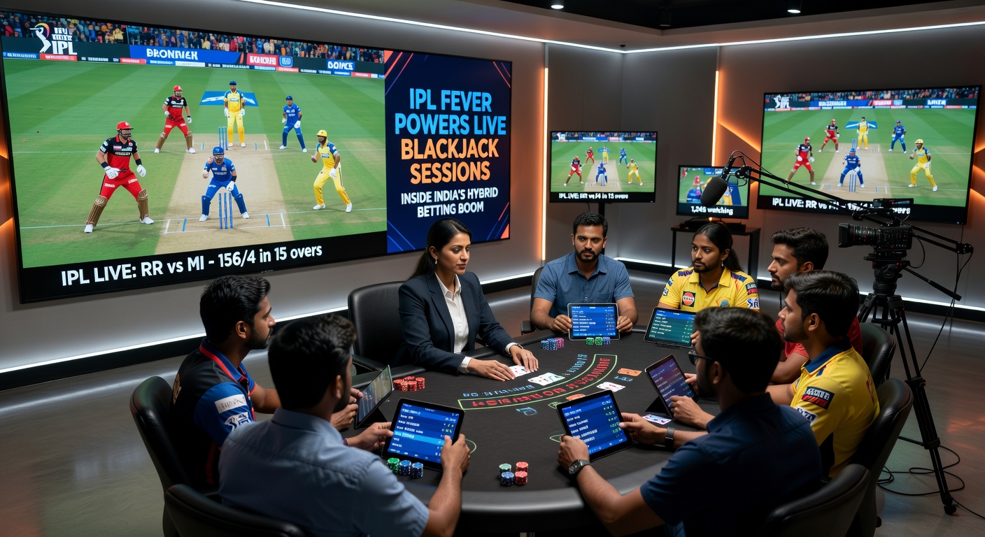 Close-up of a mobile screen displaying a live blackjack table integrated with IPL live stats, showing real-time betting options during a match interval