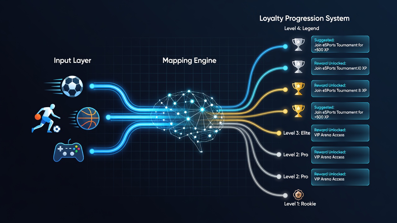 Visual representation of algorithmic suggestion pathways overlaid on loyalty tier progression charts within blended sports and gaming applications