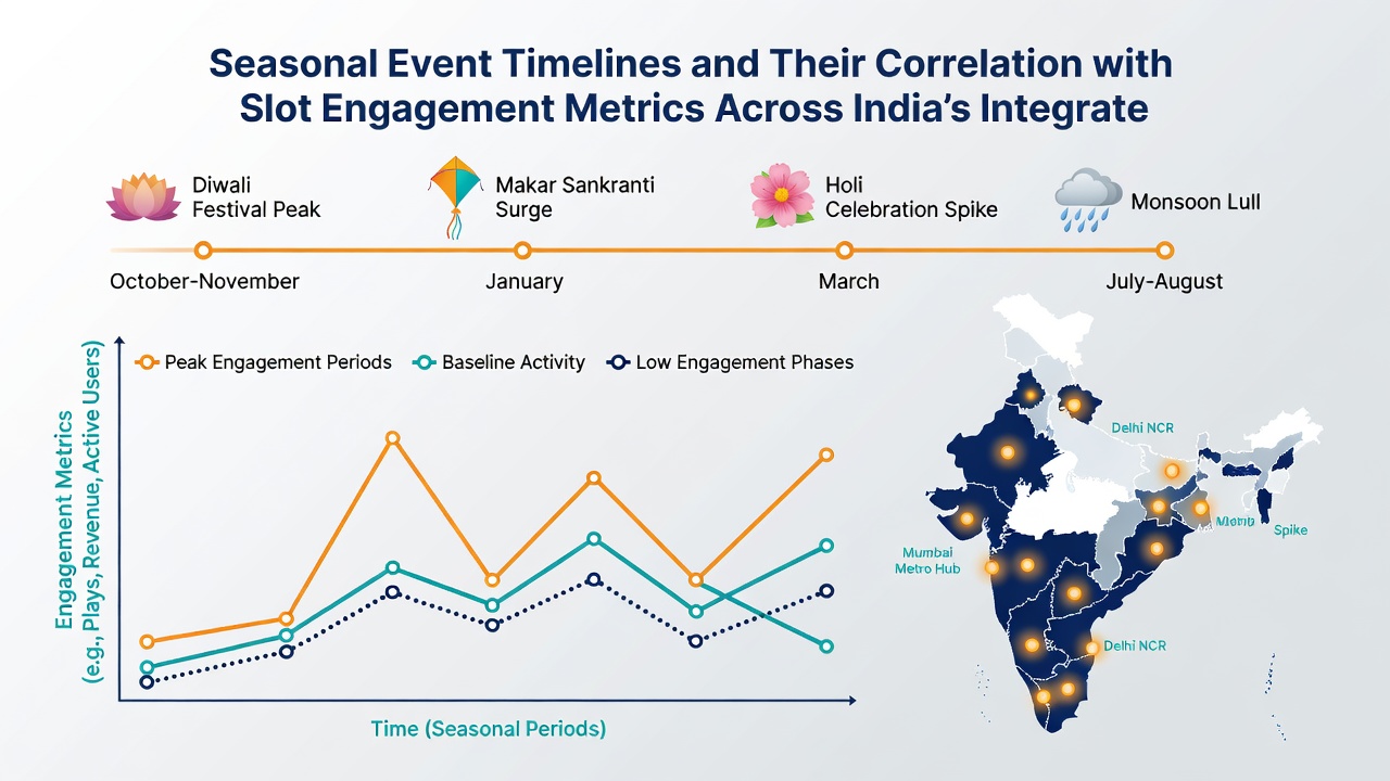Infographic displaying slot spin volume increases during July 2026 monsoon period alongside festival timelines on Indian platforms