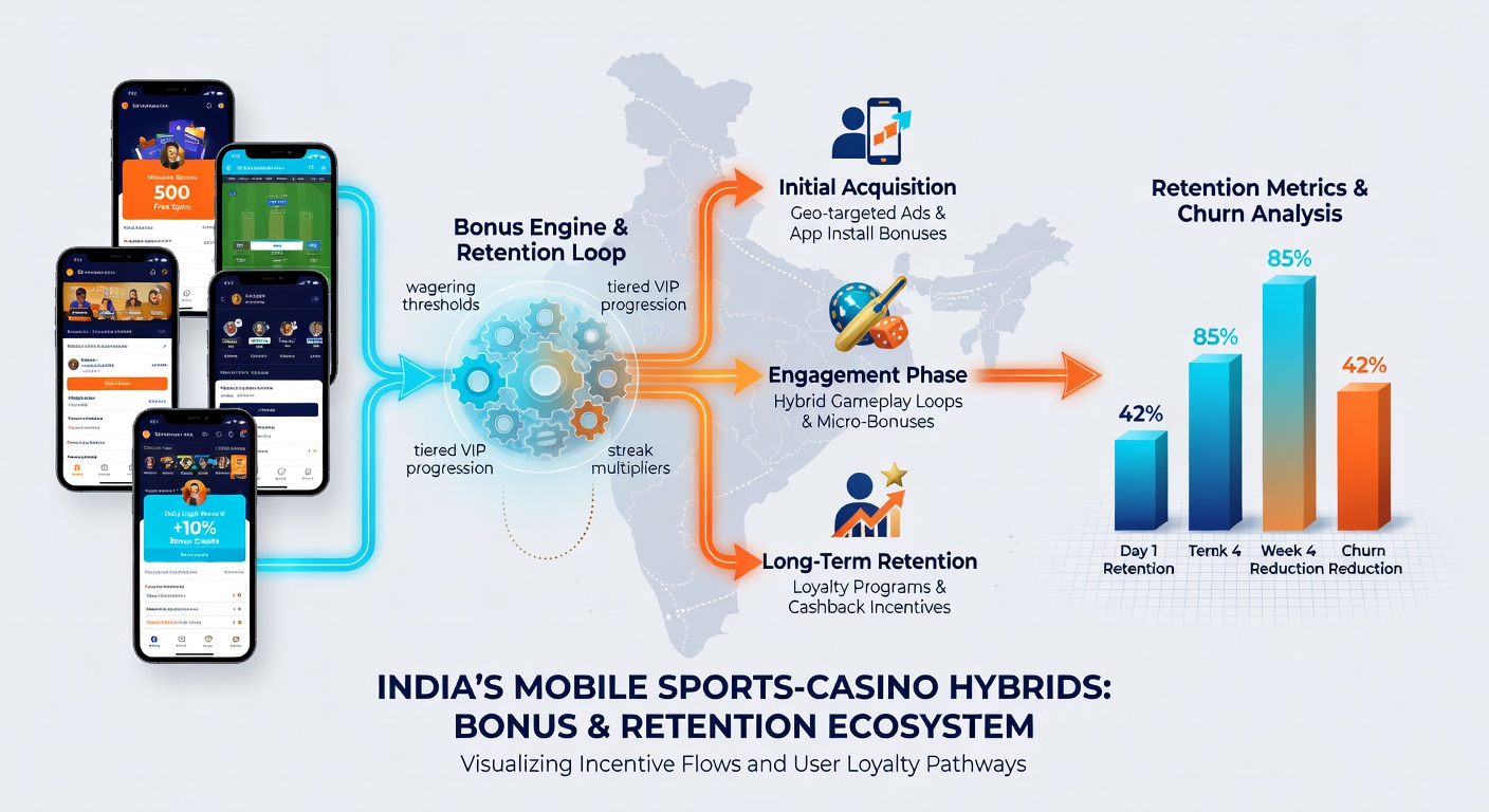 Infographic showing retention curves and bonus redemption rates across India's hybrid mobile gaming sector in early 2026