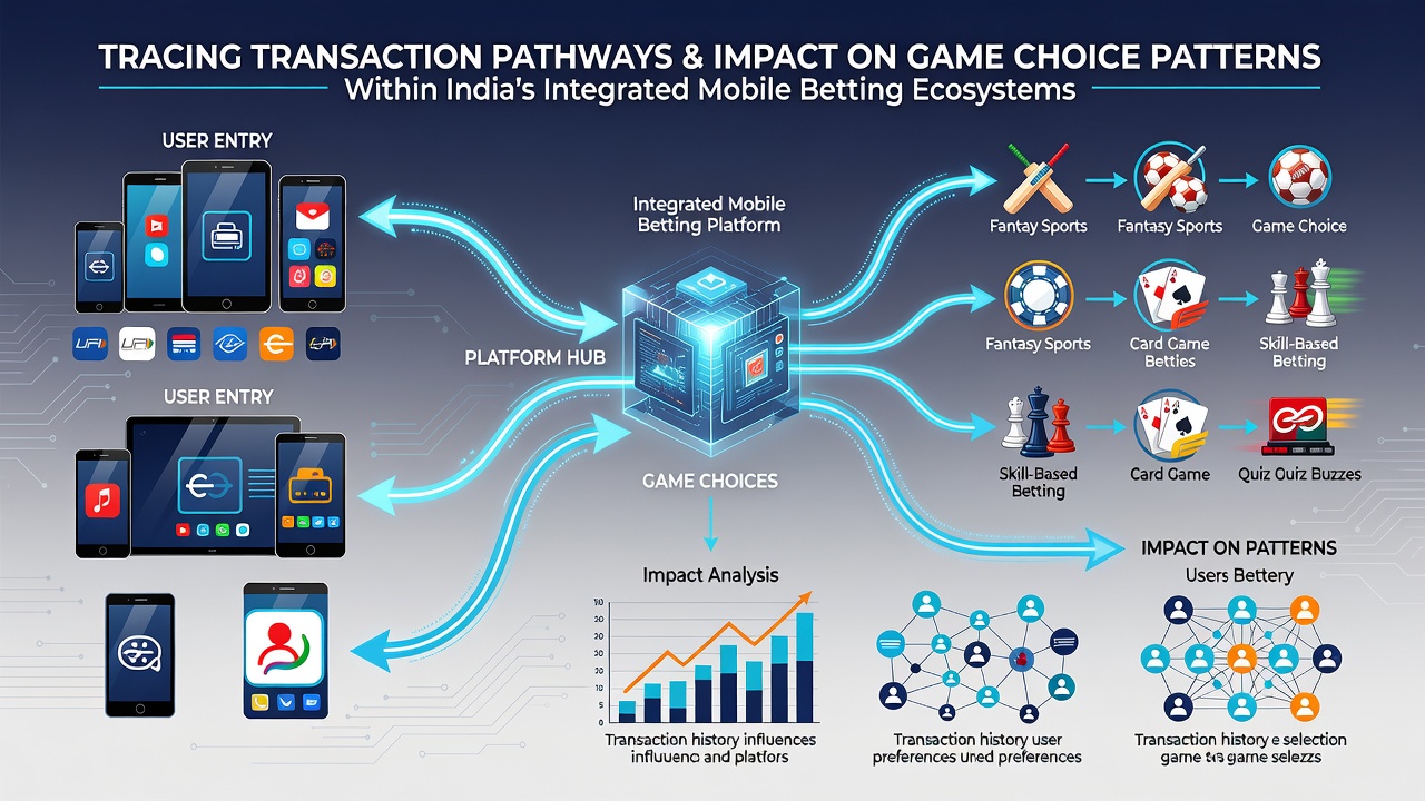 Visualization of transaction pathways in India's mobile betting platforms showing UPI flows and game selection patterns
