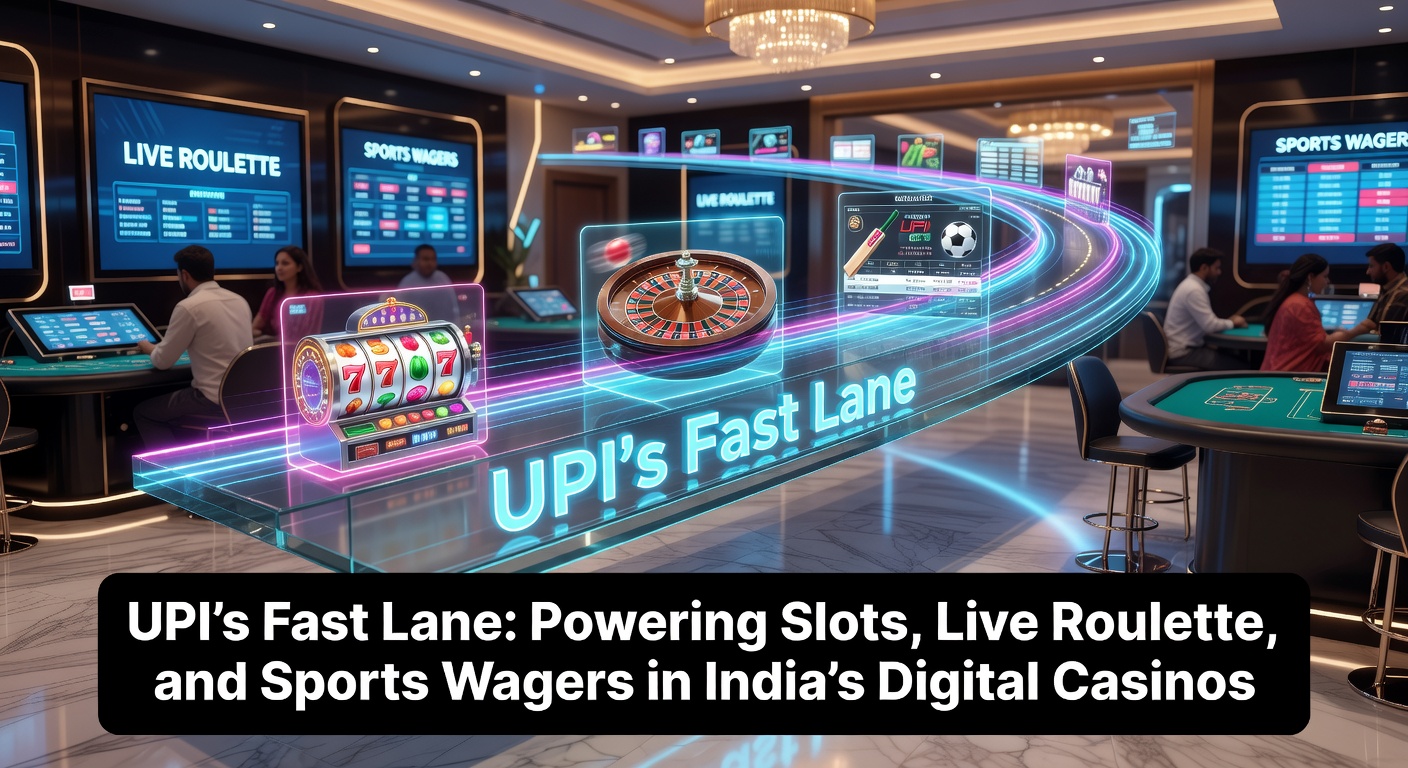 Illustration of UPI transaction speeding through a digital casino interface with slots, roulette wheel, and sports betting icons